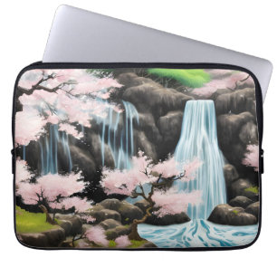Japanese Landscape Cherry Blossoms And Waterfall Laptop Sleeve