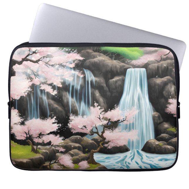 Japanese Landscape Cherry Blossoms And Waterfall Laptop Sleeve (Front)