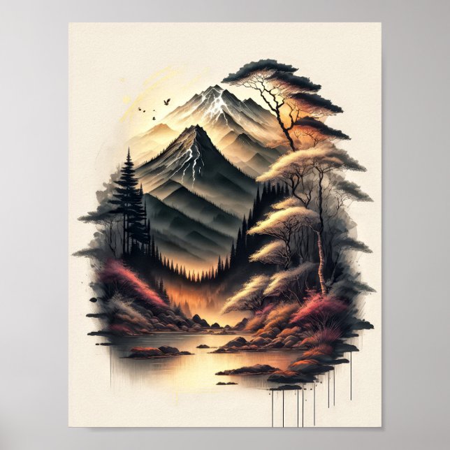 Japanese landscape ink drawing with volcano poster (Front)