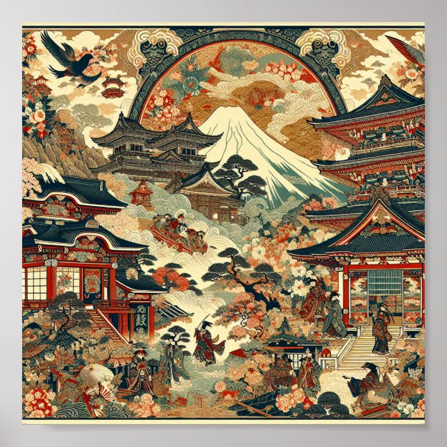 Japanese Landscape Mt Fuji Temples Cherry Blossoms Poster (Front)