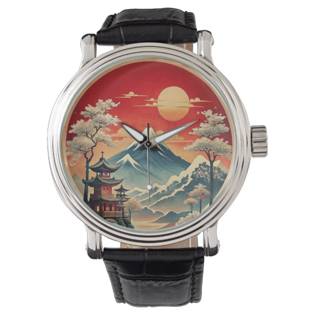 Japanese Landscape Wall Clock Wristwatch (Front)