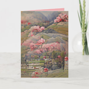 Japanese landscape with pink flowers custom text card
