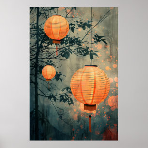 Japanese Lanterns at Night – Warm Watercolor Art Poster
