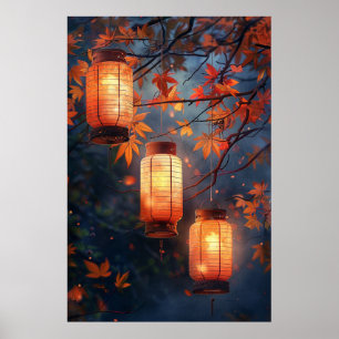 Japanese Lanterns at Night – Warm Watercolor Art Poster