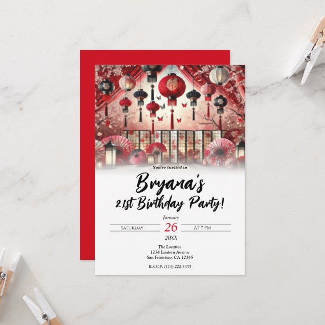 Japanese Lanterns & Cherry Blossoms Birthday Party Invitation (Front/Back In Situ)