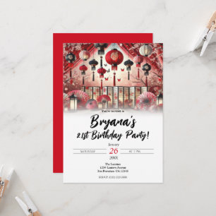 Japanese Lanterns & Cherry Blossoms Birthday Party Invitation