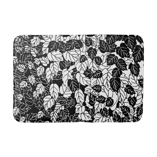 Japanese Leaf Print, Black and White Bath Mat (Front)