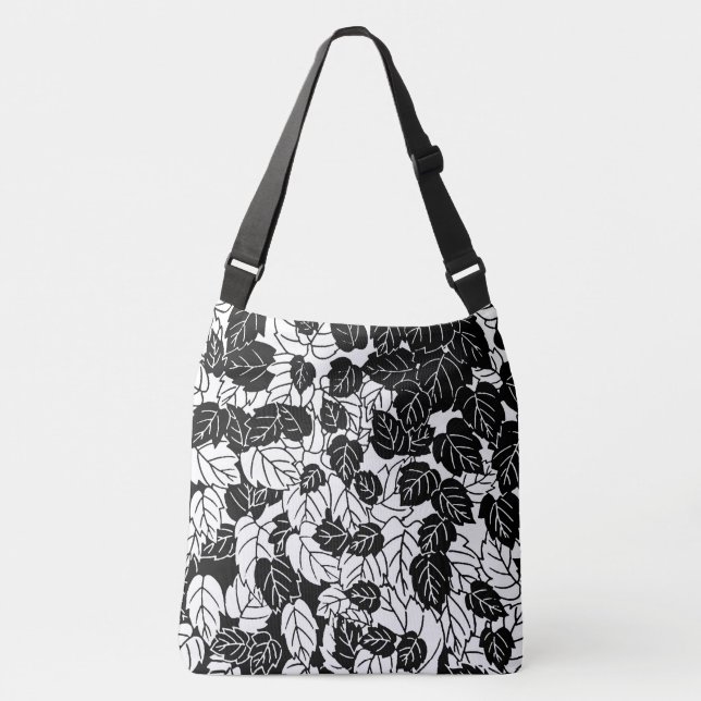 Japanese Leaf Print, Black and White Crossbody Bag (Front)