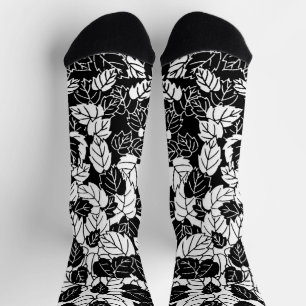 Japanese Leaf Print, Black and White Socks