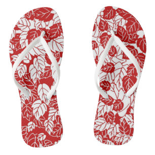 Japanese Leaf Print, Dark Red and White Flip Flops