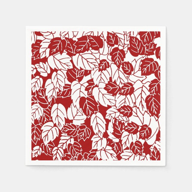 Japanese Leaf Print, Dark Red and White Napkin (Front)