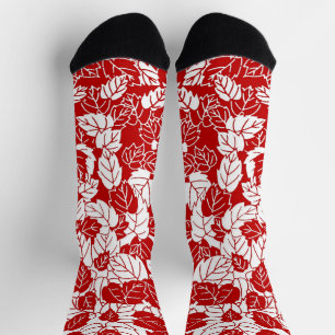 Japanese Leaf Print, Dark Red and White Socks