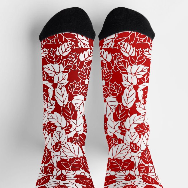 Japanese Leaf Print, Dark Red and White Socks (Top)