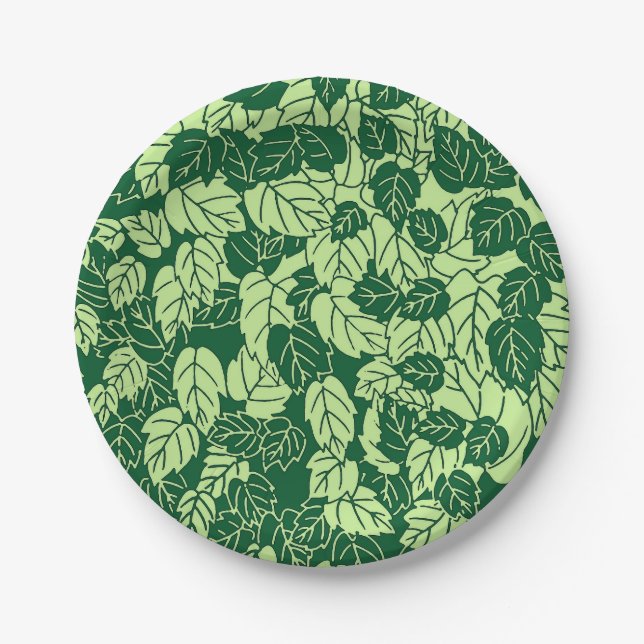 Japanese Leaf Print, Emerald and Lime Green Paper Plate (Front)