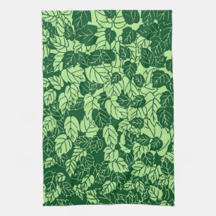 Japanese Leaf Print, Emerald and Lime Green Tea Towel