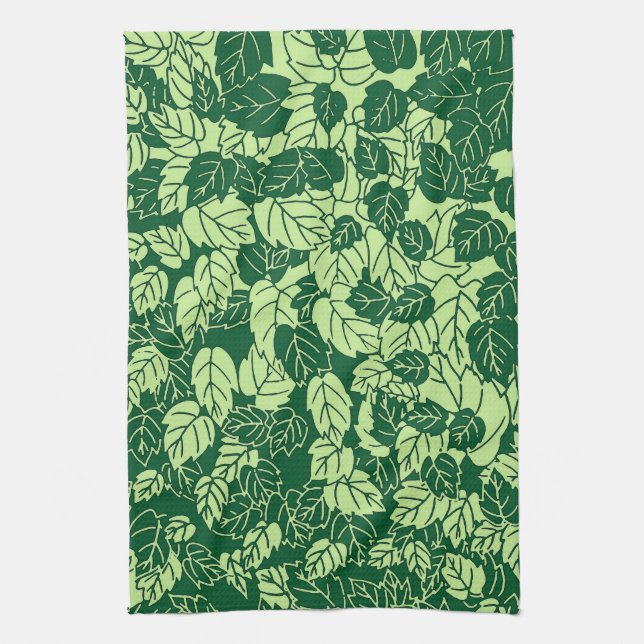 Japanese Leaf Print, Emerald and Lime Green Tea Towel (Vertical)