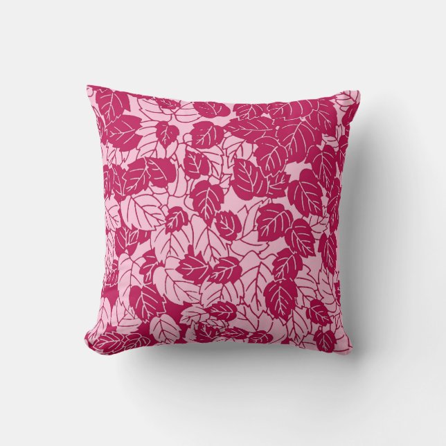 Japanese Leaf Print, Fuchsia and Light Pink Cushion (Front)