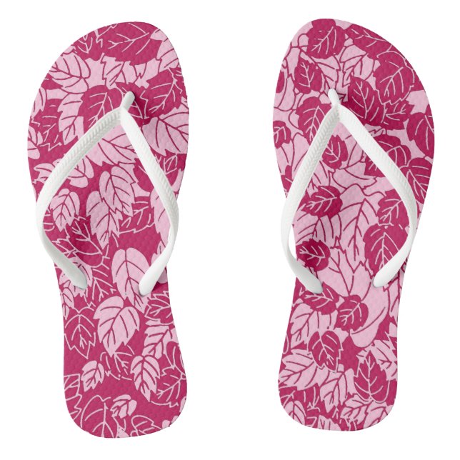 Japanese Leaf Print, Fuchsia and Light Pink Flip Flops (Footbed)