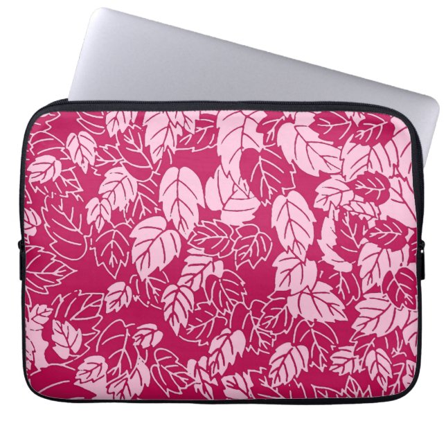 Japanese Leaf Print, Fuchsia and Light Pink Laptop Sleeve (Front)