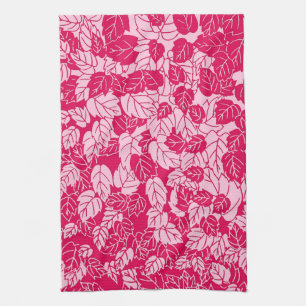 Japanese Leaf Print, Fuchsia and Light Pink Tea Towel