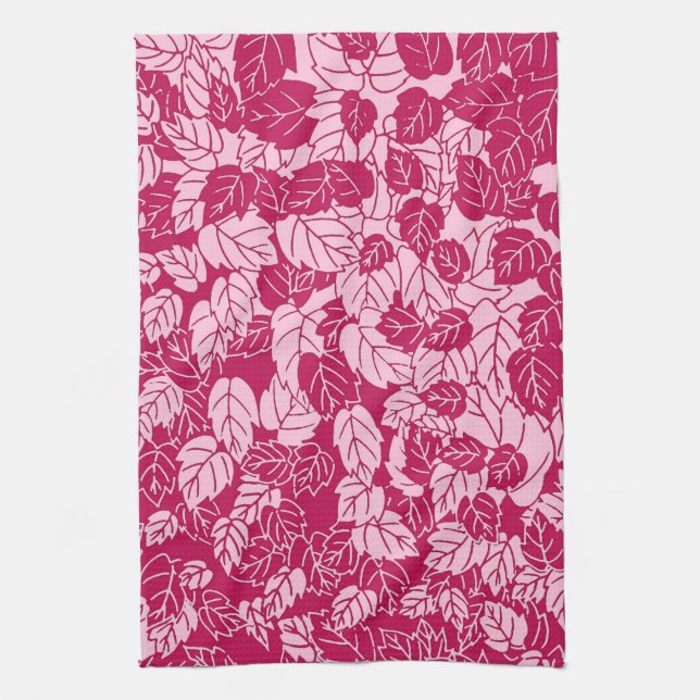 Japanese Leaf Print, Fuchsia and Light Pink Tea Towel (Vertical)