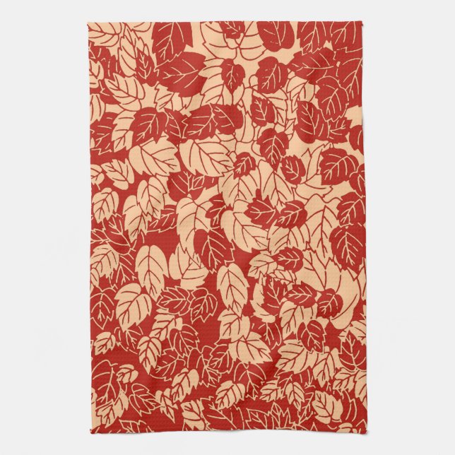 Japanese Leaf Print, Mandarin Orange Tea Towel (Vertical)