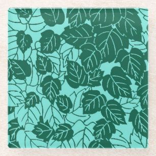 Japanese Leaf Print, Turquoise and Aqua Glass Coaster