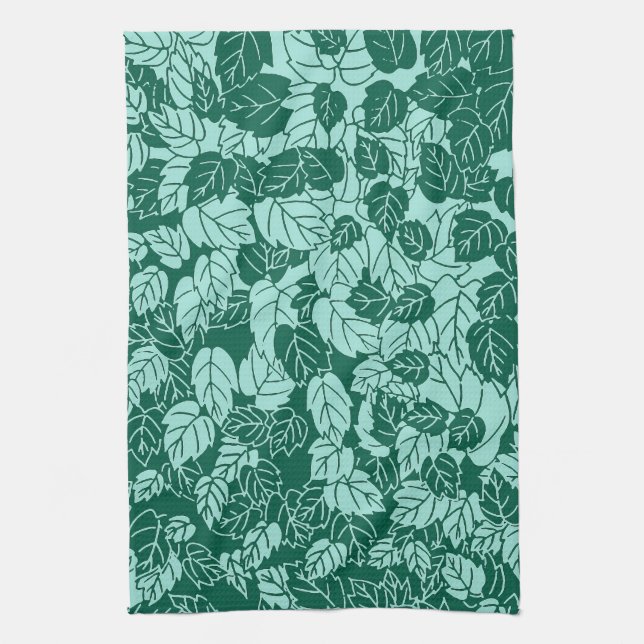 Japanese Leaf Print, Turquoise and Aqua Tea Towel (Vertical)