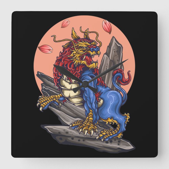 Japanese Lion Square Wall Clock (Front)