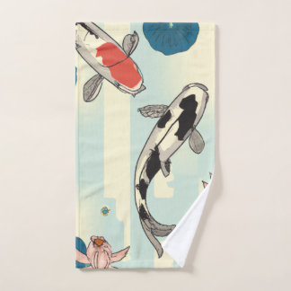Japanese lotus and koi fish in pastel colours flee hand towel