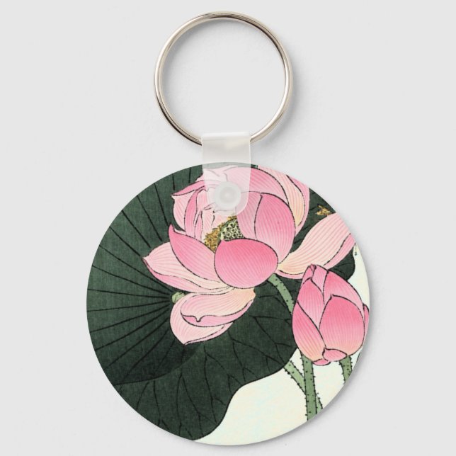 Japanese Lotus Flower - Vintage Fine Art Keychain (Front)