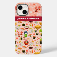 Japanese love sushi fish dish pattern on pink