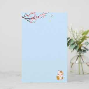 Japanese Lucky Calico Cat, Maneki Neko Blue Stationery