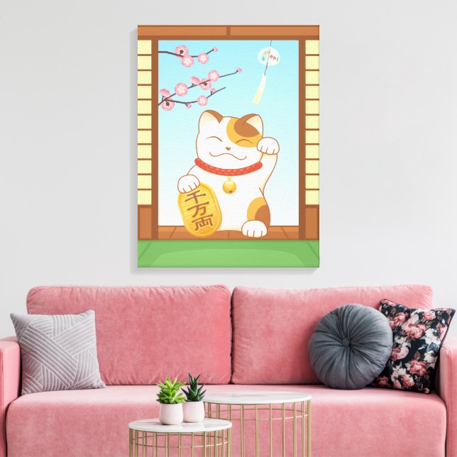 Japanese Lucky Calico Cat, Maneki Neko Canvas Print (Insitu(LivingRoom))