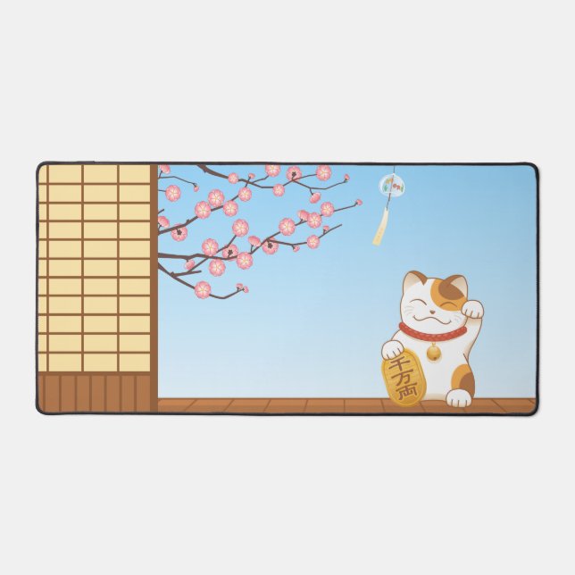Japanese Lucky Calico Cat, Maneki Neko Desk Mat (Front)