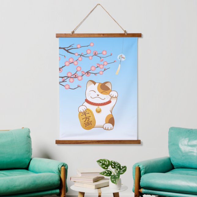 Japanese Lucky Calico Cat, Maneki Neko Hanging Tapestry (Living Room)