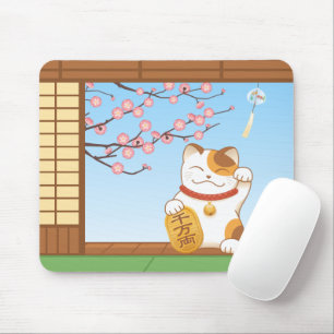 Japanese Lucky Calico Cat, Maneki Neko Mouse Mat