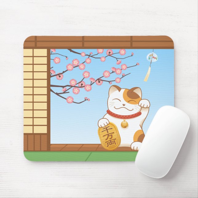 Japanese Lucky Calico Cat, Maneki Neko Mouse Mat (With Mouse)