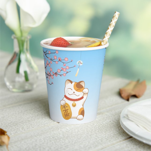 Japanese Lucky Calico Cat, Maneki Neko Paper Cups (Insitu)