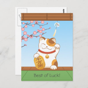 Japanese Lucky Calico Cat, Maneki Neko Postcard
