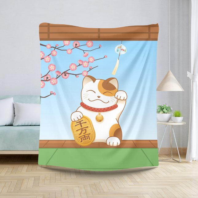 Japanese Lucky Calico Cat, Maneki Neko Sherpa Blanket (Creator Uploaded)