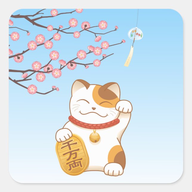 Japanese Lucky Calico Cat, Maneki Neko Square Sticker (Front)