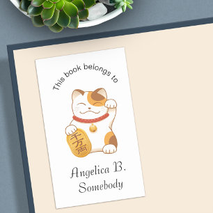 Japanese Lucky Cat, Calico Maneki Neko Bookplate Rectangular Sticker