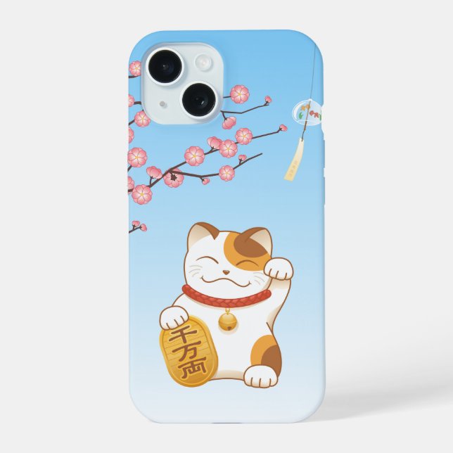 Japanese Lucky Cat, Calico Maneki Neko iPhone 15 Case (Back)