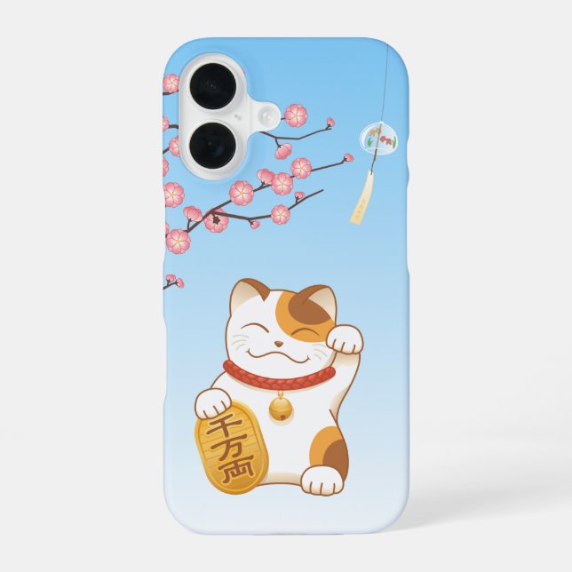 Japanese Lucky Cat, Calico Maneki Neko iPhone 16 Case (Back)