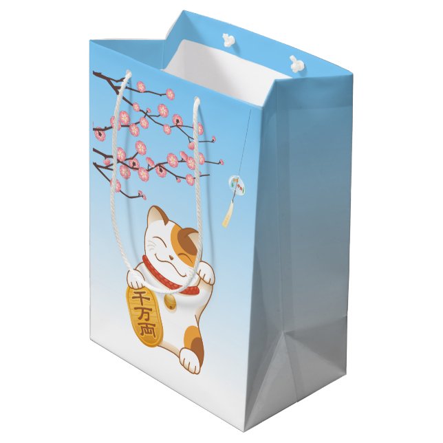 Japanese Lucky Cat, Calico Maneki Neko Medium Gift Bag (Back Angled)
