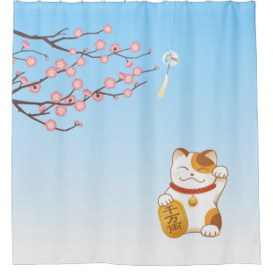 Japanese Lucky Cat, Calico Maneki Neko Shower Curtain