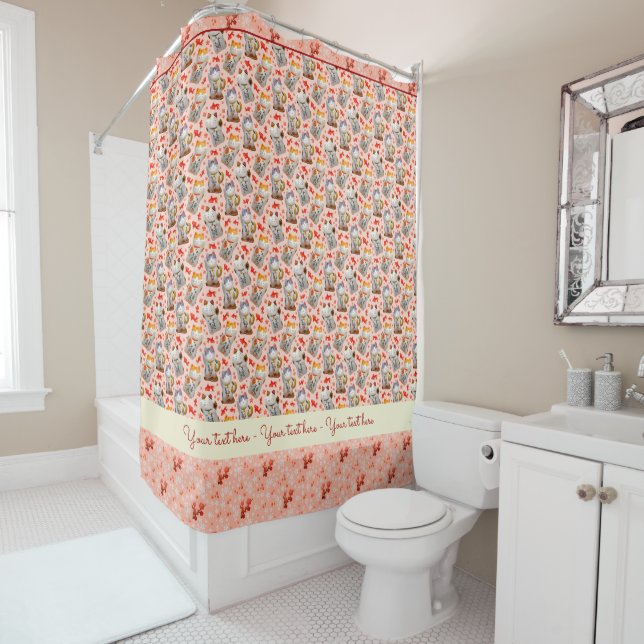 Japanese Lucky Cat Kimono Inspired Peach Koi Carp Shower Curtain (In Situ)
