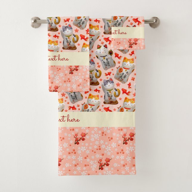 Japanese Lucky Cat Kimono Peach Pink Koi Carp Bath Towel Set (Insitu)