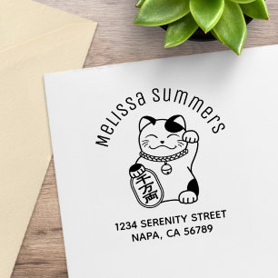 Japanese Lucky Cat, Maneki Neko Address Rubber Stamp